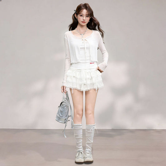 Long Sleeve Cardigan with Strap Dress, Summer Sheer Bolero with Ruffles