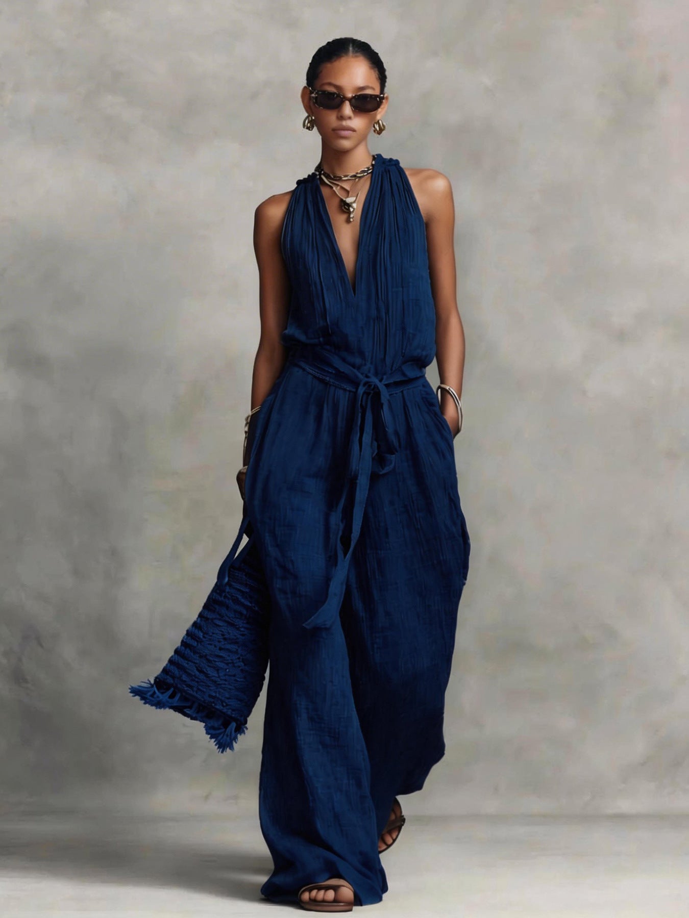 Long Sleeve Women's Jumpsuit with Belted Design Casual V-Neck Sleeveless Jumpsuit