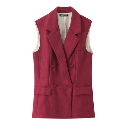 Elegant imitation linen two tone vest pants set