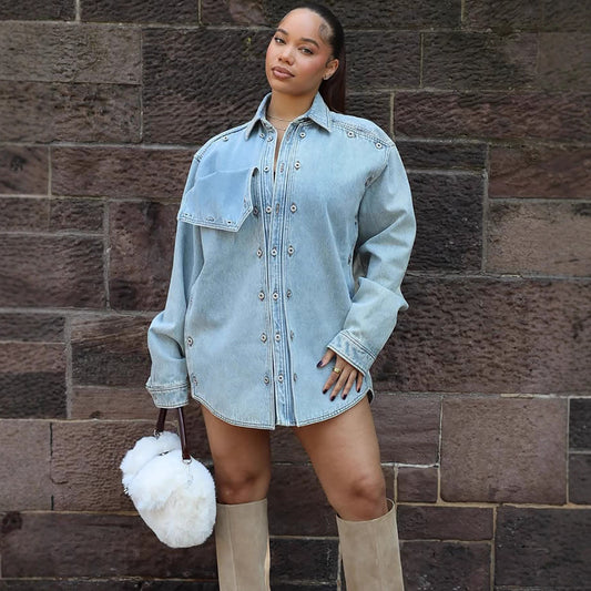 Western Women's Denim Jacket with Patch Design, Loose Fit Long Sleeve Outerwear