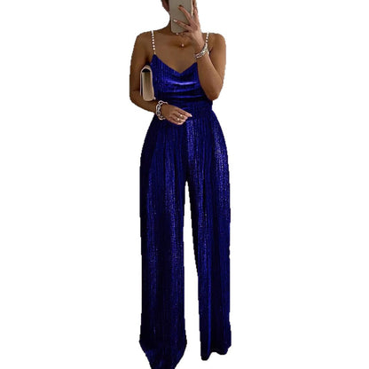 Spring Summer New Women's Fashion Wide Leg Pants, Fitted Waist, Elegant Strap Beaded Jumpsuit