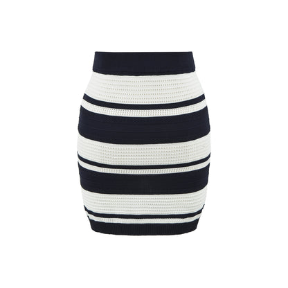 Striped Color-block Knit Set for Women, Round Neck Short Sleeve High Waist Top, Elegant Fitted Bodycon Mini Skirt