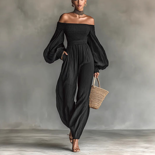 Style Off-Shoulder Lantern Sleeve Pleated Loose Jumpsuit for Women
