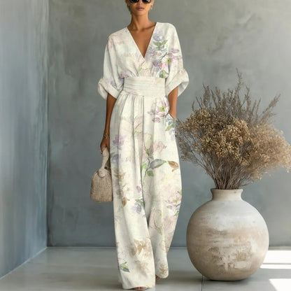 Elegant waist cinched V-neck printed women's jumpsuit