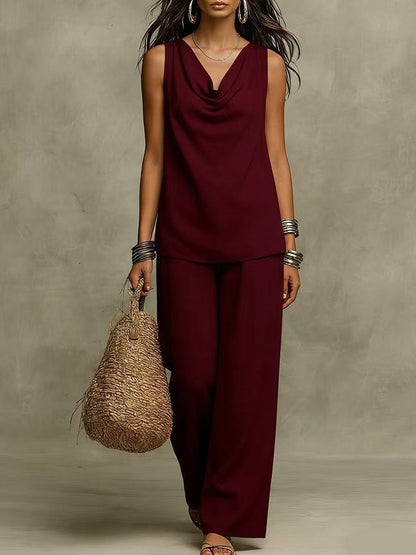 New Women's Fashion Casual Set, Pure Color V-Neck Top Outfit for Market