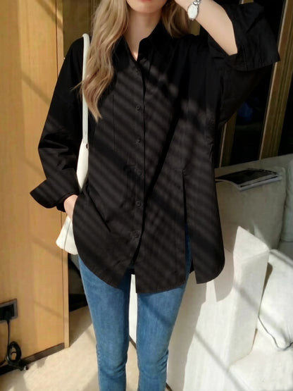 New women's solid color long sleeved shirt with button side slit