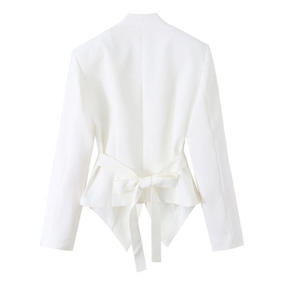 Single breasted chest pleated long sleeved suit jacket without buttons