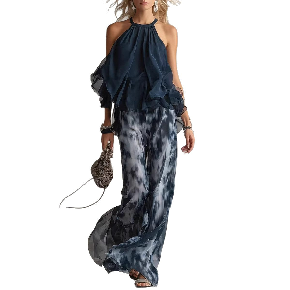 Sleeveless camisole collar top and printed wide leg pants chiffon set