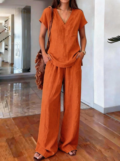 Clothing  Solid Color Women's Fashion Set V-Neck Short Sleeve Long Pants Casual Two-Piece Set