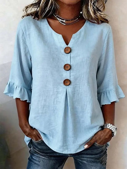 Fashionable Cotton Linen V-Neck Button-Up Blouse for Women Summer Casual Top
