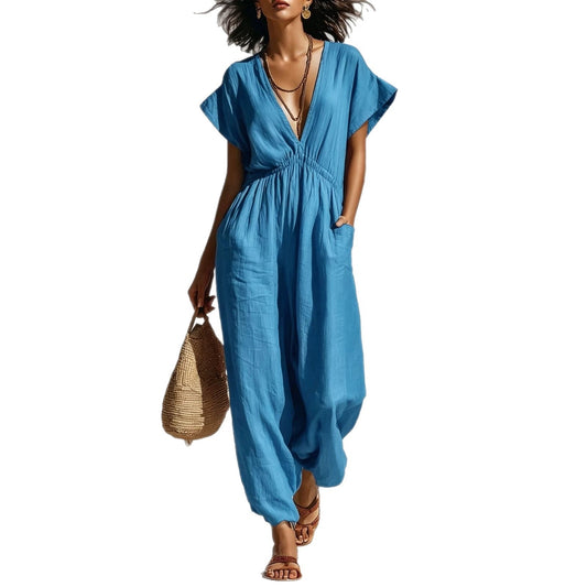Deep V-neck loose fit pants for women