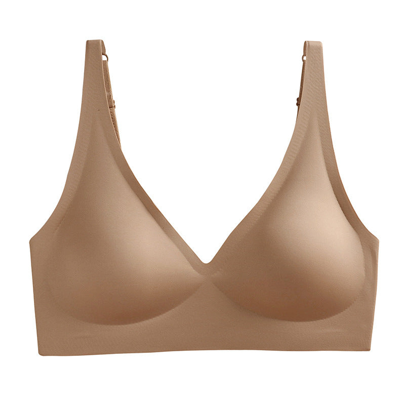 French Seamless Jelly Stripe Bra, No Steel Ring, Plumping and Lifting, Ice Silk, Outer Wear, Plus Size, Youthful Style