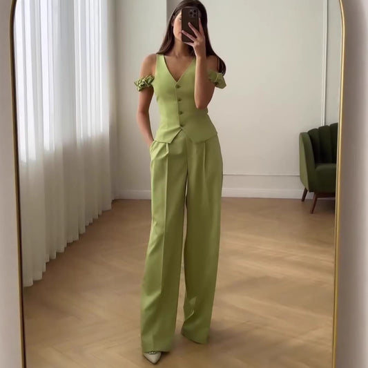 Women's Summer High-Waisted Casual Commute Fashion Solid Color Short Sleeve Two-Piece Set Pants