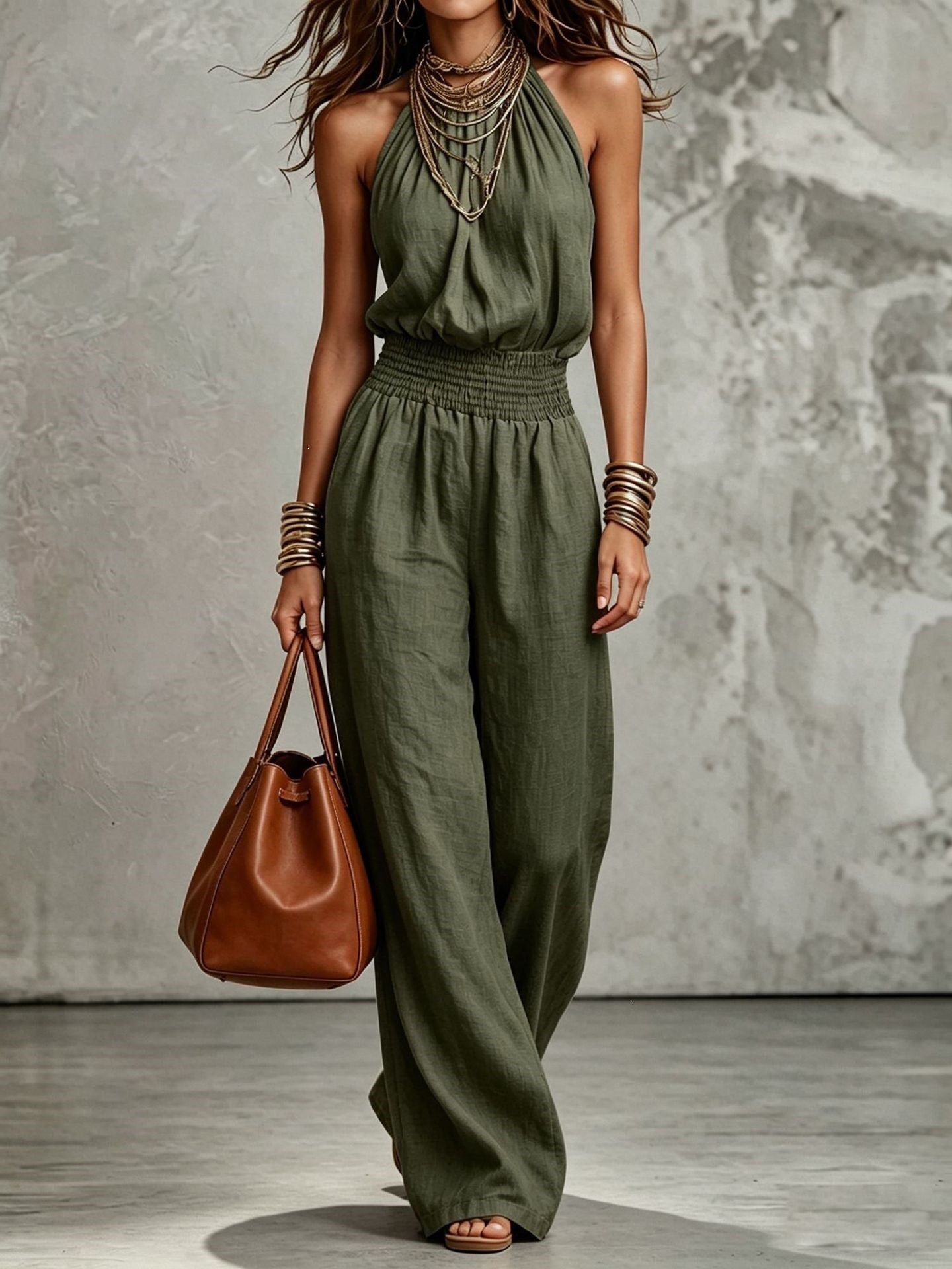 Sleeveless Backless Waist-Tie Halter Wide-Leg Jumpsuit for Women