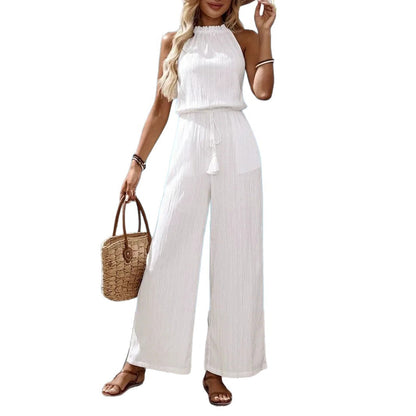 Solid Color Sleeveless Halter Neck Backless Drawstring Waist Wide Leg Jumpsuit