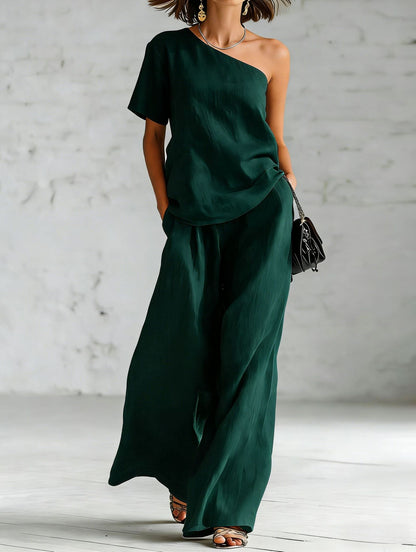 Fashionable Off-Shoulder Top and Wide-Leg Pants Casual Outfit Set
