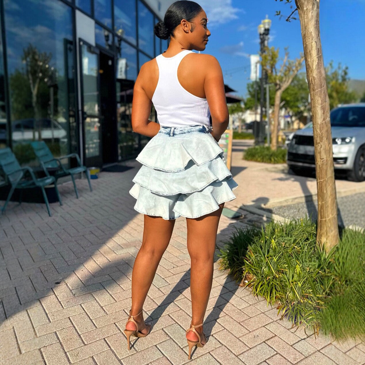 Style High-Waisted Denim Ruffle Mini Skirt Fashion Irregular Mini Skirt for Women