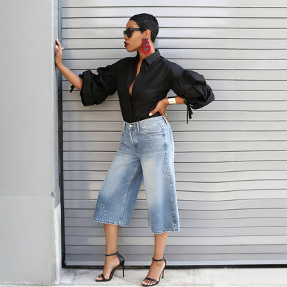 Fashion Studded High-Waisted Washed Bleached Denim Mid-Length Pants
