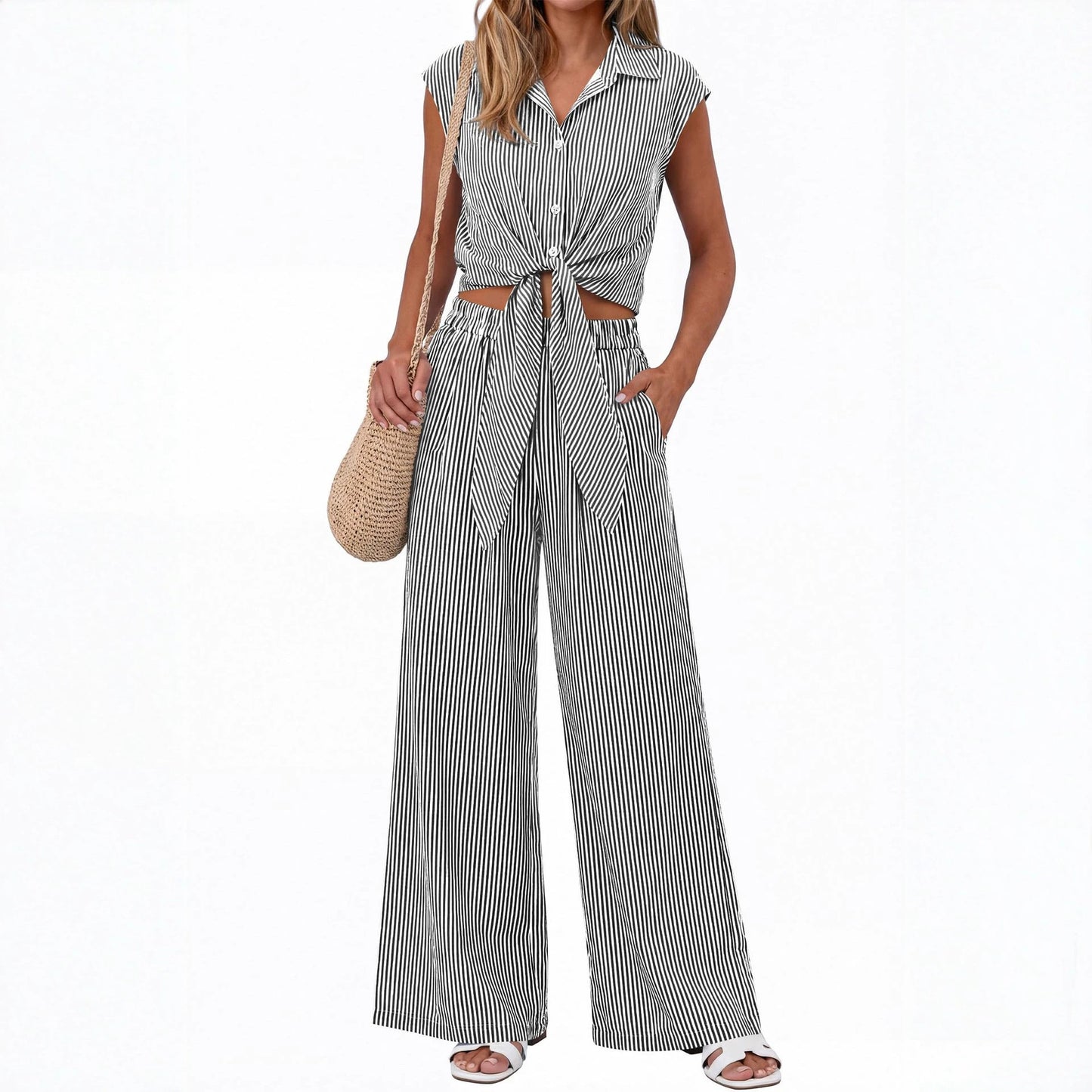Spring Summer Women's Striped Buttoned Sleeveless Shirt and Pants Set