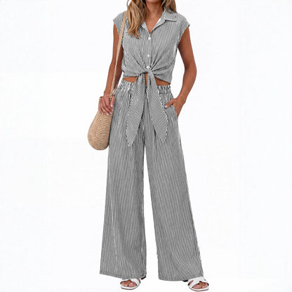 Spring Summer Women's Striped Buttoned Sleeveless Shirt and Pants Set