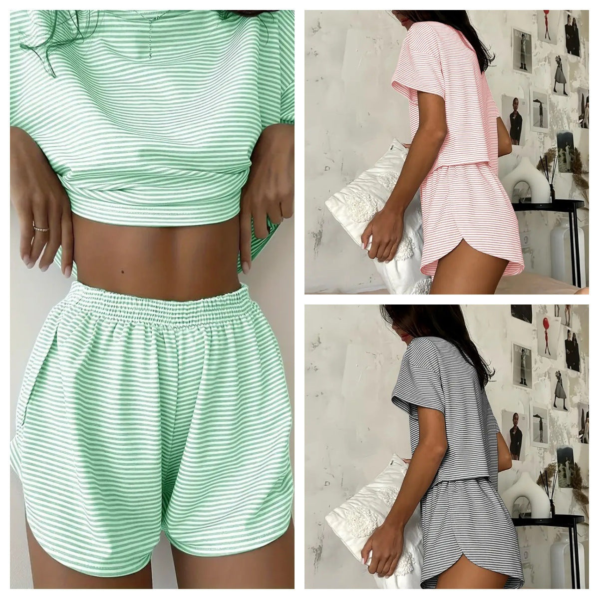 Casual Home Wear Set for Women, Simple Color-Blocked Stripe, Lightweight Round Neck, Loose and Comfortable