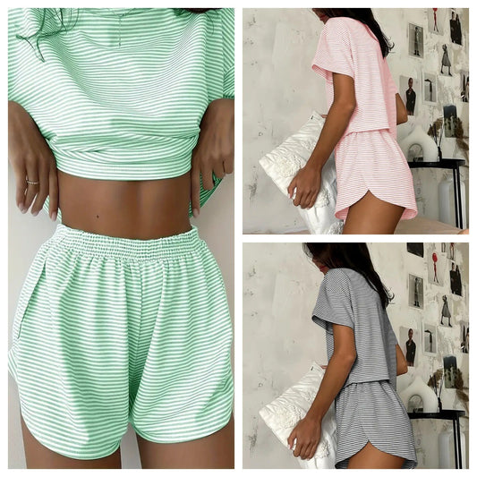 Casual Home Wear Set for Women, Simple Color-Blocked Stripe, Lightweight Round Neck, Loose and Comfortable