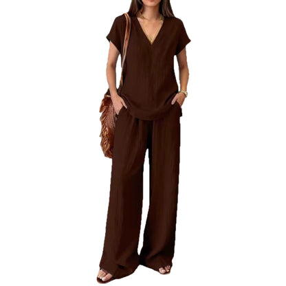 Clothing  Solid Color Women's Fashion Set V-Neck Short Sleeve Long Pants Casual Two-Piece Set