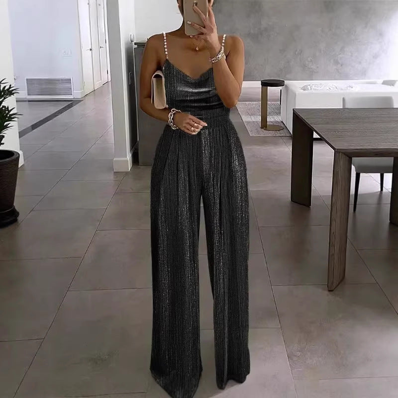Spring Summer New Women's Fashion Wide Leg Pants, Fitted Waist, Elegant Strap Beaded Jumpsuit