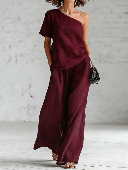 Fashionable Off-Shoulder Top and Wide-Leg Pants Casual Outfit Set