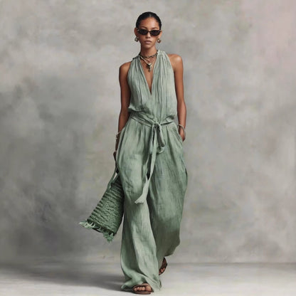 Long Sleeve Women's Jumpsuit with Belted Design Casual V-Neck Sleeveless Jumpsuit