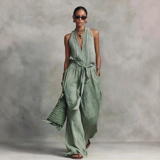 Long Sleeve Women's Jumpsuit with Belted Design Casual V-Neck Sleeveless Jumpsuit