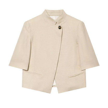 Stand collar linen blend short sleeved suit jacket