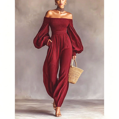 Style Off-Shoulder Lantern Sleeve Pleated Loose Jumpsuit for Women