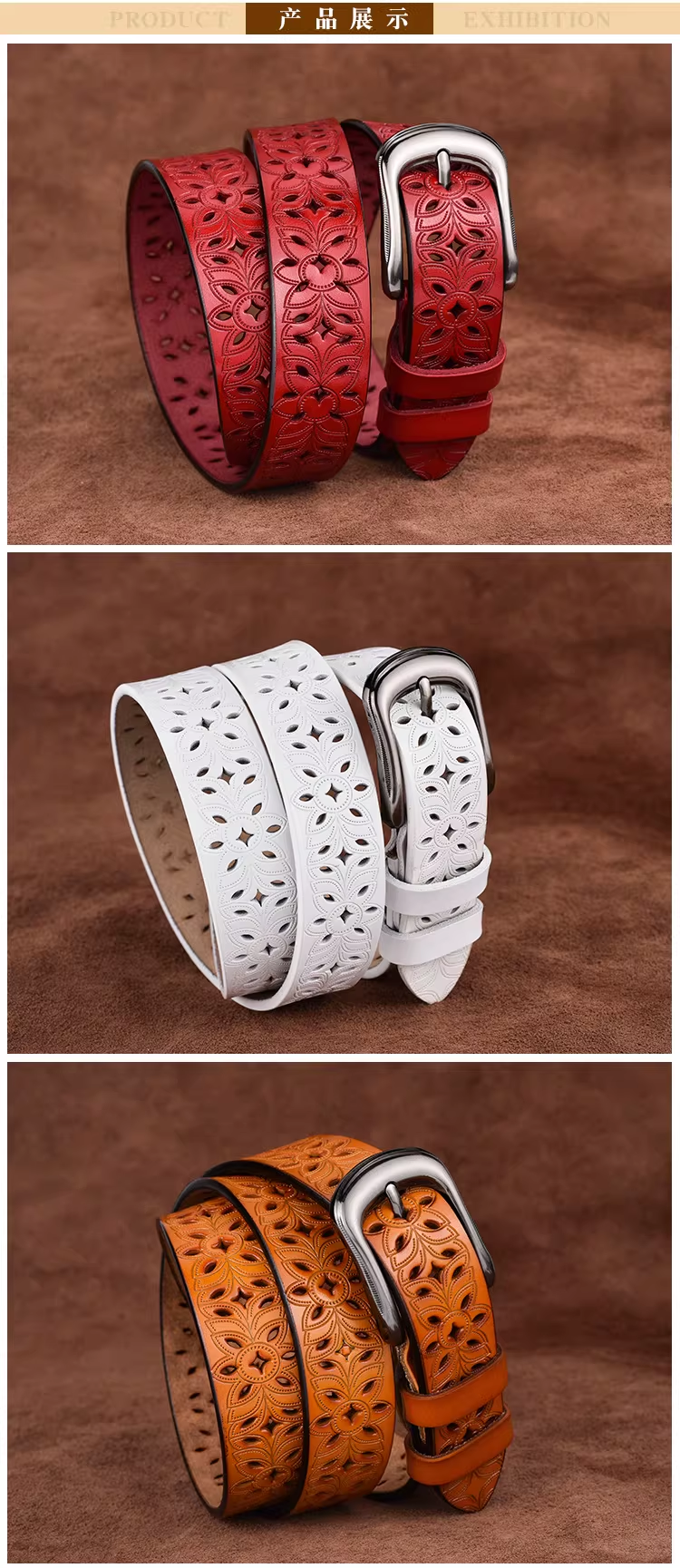 Hollow out belt, women's genuine leather needle buckle, cowhide wide belt, fashionable and versatile,