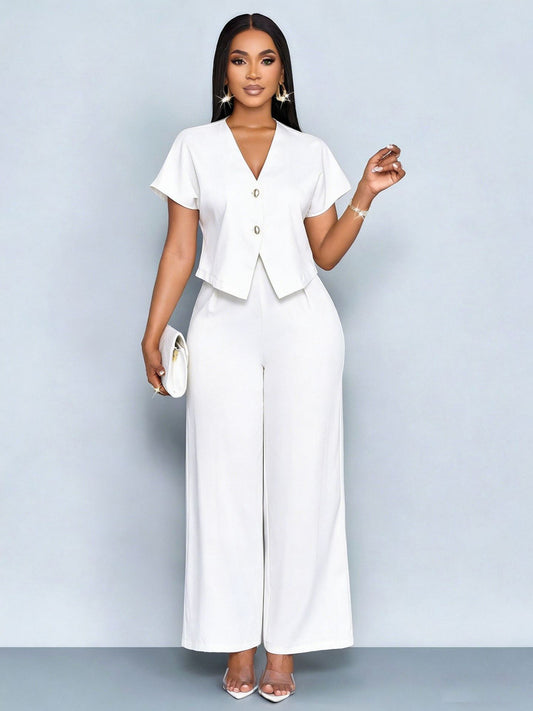 Summer Short Sleeve V-Neck Irregular Cardigan Straight Leg Wide Leg Pants Plus Size Casual Two-Piece Set