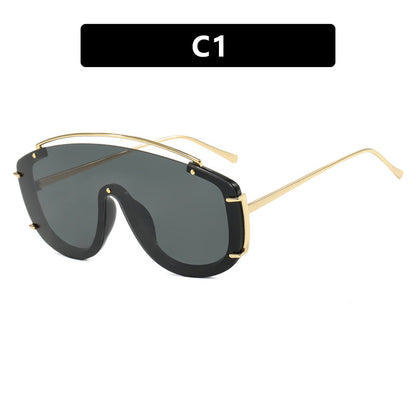 Trendy large frame one-piece sunglasses with a metallic high-end feel, Instagram sunglasses with personalized outdoor internet celebrity sunglasses