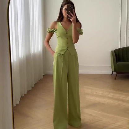 Women's Summer High-Waisted Casual Commute Fashion Solid Color Short Sleeve Two-Piece Set Pants