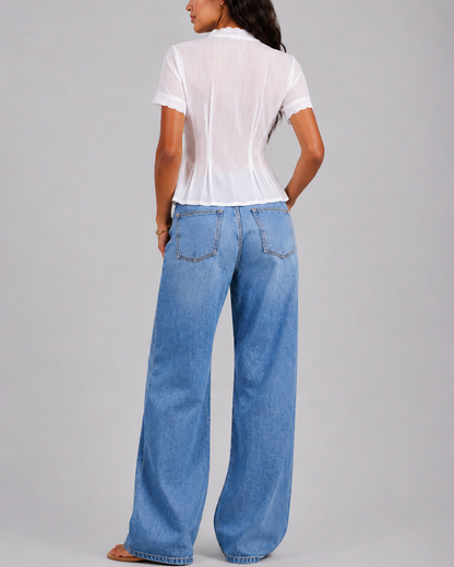 Women's Fashion Lace Seam Pleated Slim Fit Fresh Short Sleeve Shirt