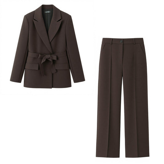 Commuter style belt suit jacket straight leg pants set
