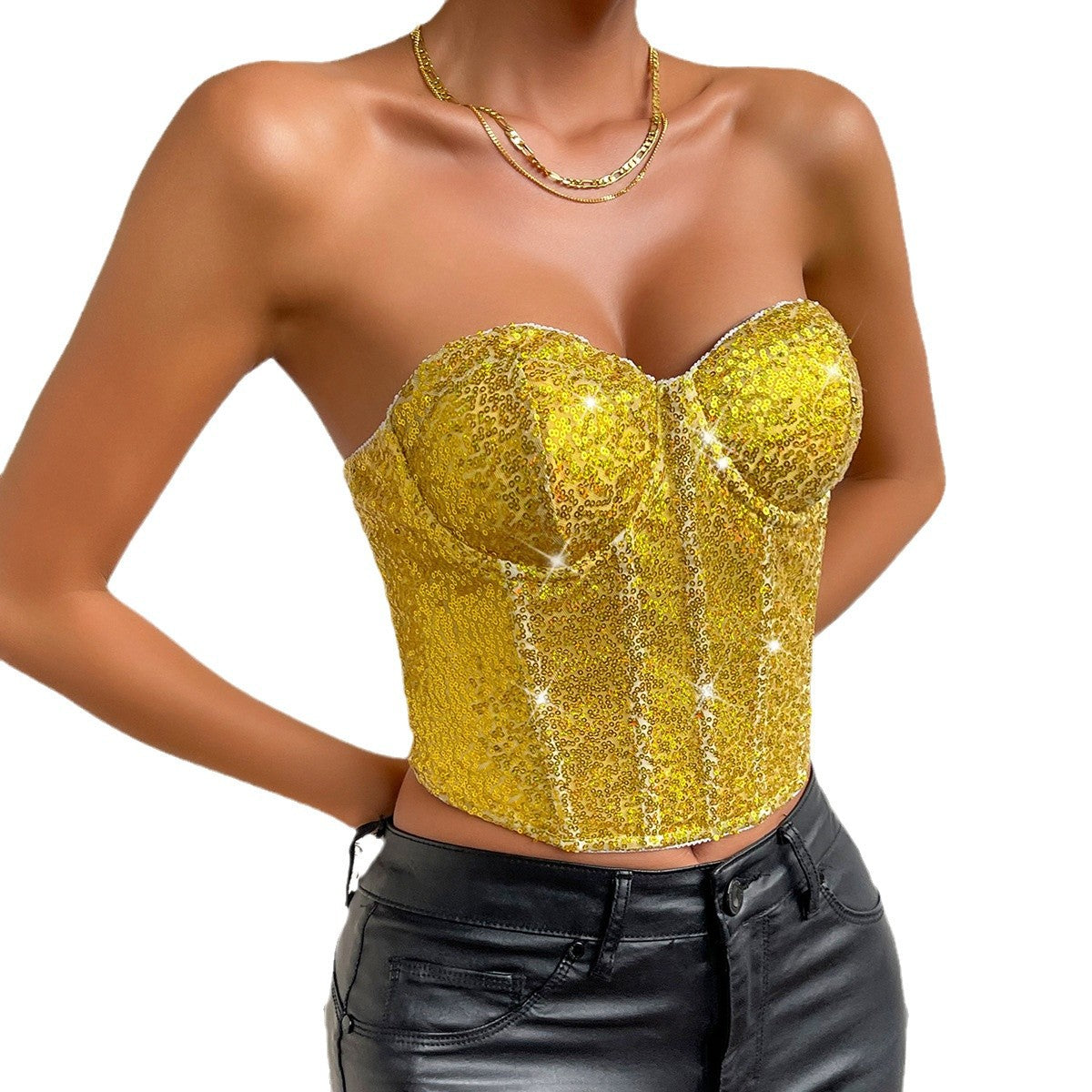 Sexy Nightclub Streetwear Halter  Beaded Zipper Heavy Work Tube
