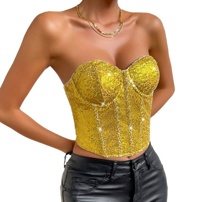 Sexy Nightclub Streetwear Halter  Beaded Zipper Heavy Work Tube