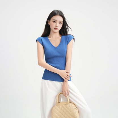Blue V-Neck Collar-Baring Knit Short Sleeve T-Shirt for Women Lightweight Sheer