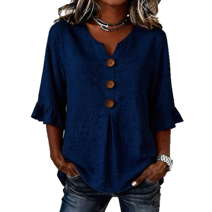 Fashionable Cotton Linen V-Neck Button-Up Blouse for Women Summer Casual Top