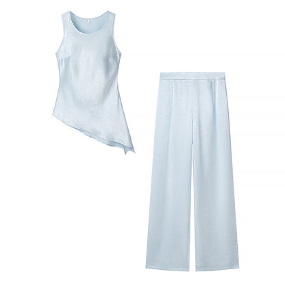 Irregular silk top+pants set
