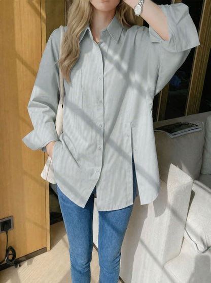 New women's solid color long sleeved shirt with button side slit