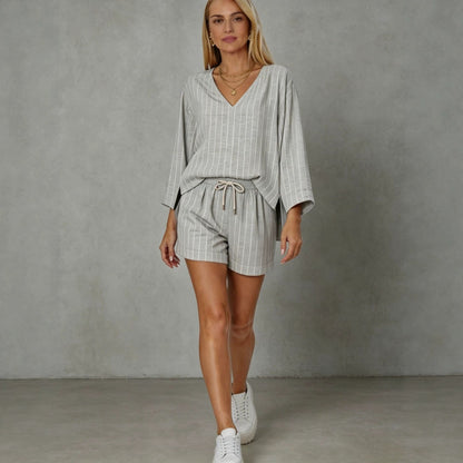 Loose V-neck long sleeved shorts striped set
