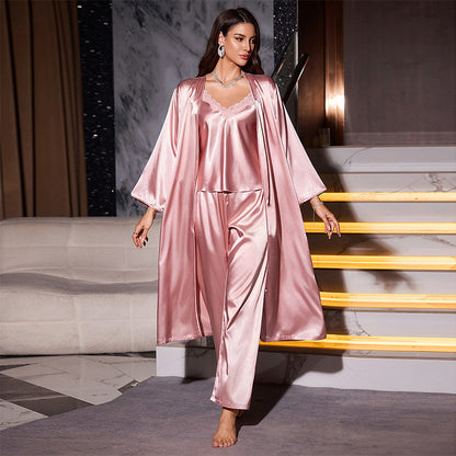Danni Lin Simple Casual Sleepwear Robe Nightgown Sexy Strap Shorts Three-piece Set Homewear