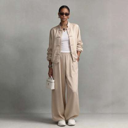 Satin set with hanging wide leg pants and drawstring two-piece set