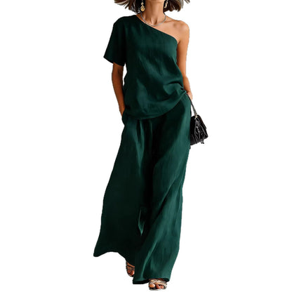 Fashionable Off-Shoulder Top and Wide-Leg Pants Casual Outfit Set