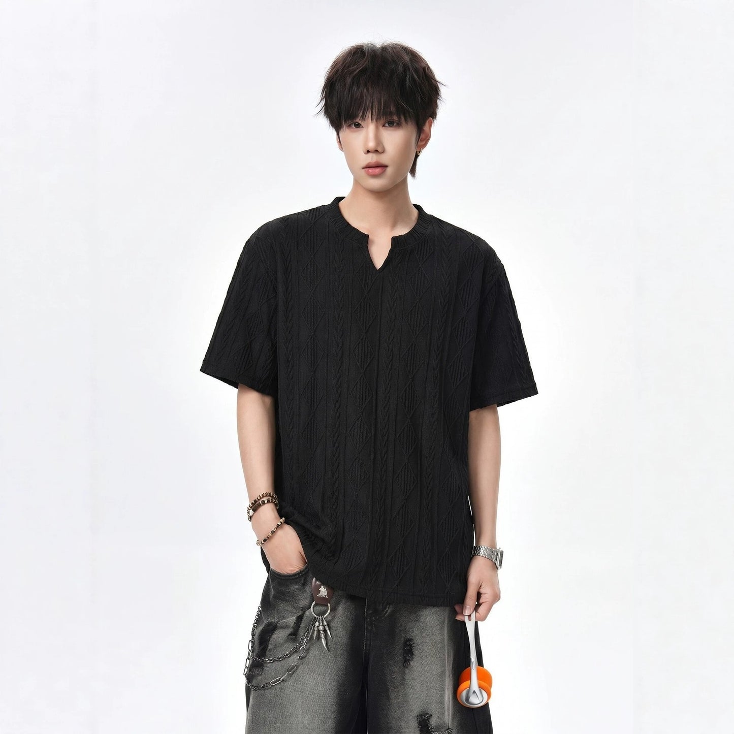 White Textured Hollow-Out V-Neck Short Sleeve T-Shirt for Men